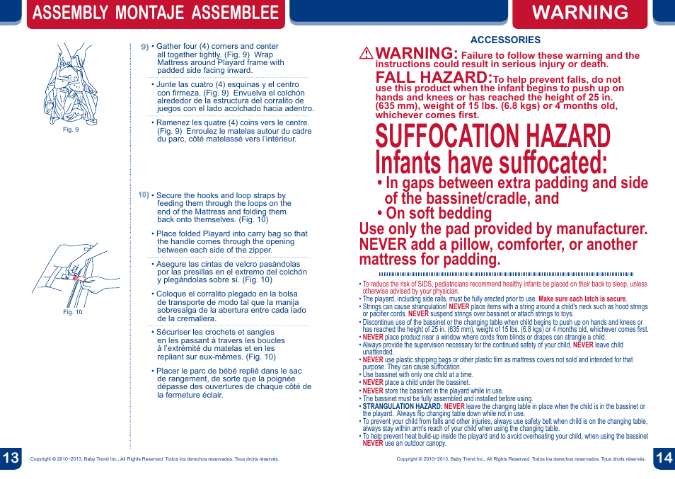 Suffocation hazard infants have suffocated, Assembly montaje assemblee, Warning | Fall hazard | BabyTrend PY87966 - DELUXE NURSERY CENTER - CHLOE User Manual | Page 8 / 20