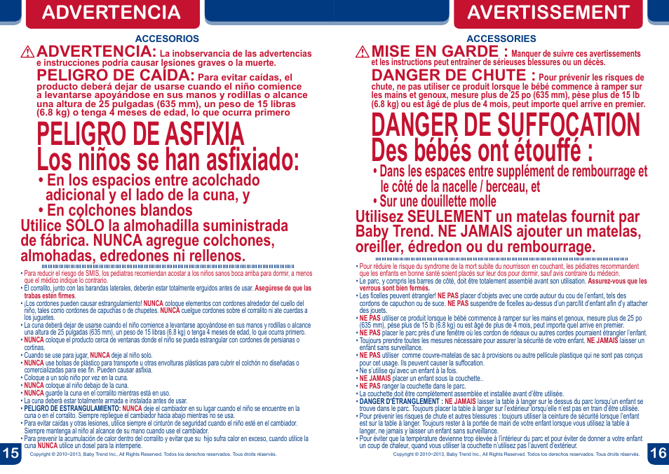 Peligro de asfixia los niños se han asfixiado, Danger de suffocation des bébés ont étouffé, Advertencia avertissement | Advertencia, Peligro de caída, Mise en garde, Danger de chute | BabyTrend PY87966 - DELUXE NURSERY CENTER - CHLOE User Manual | Page 9 / 20