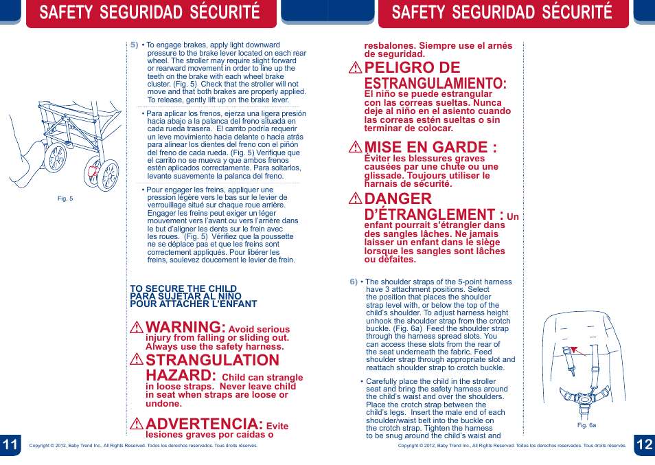 Safety seguridad sécurité, Peligro de estrangulamiento, Mise en garde | Danger d’étranglement, Warning, Strangulation hazard, Advertencia | BabyTrend TS66773 - EURORIDE TRAVEL SYSTEM - MILLENNIUM User Manual | Page 7 / 12