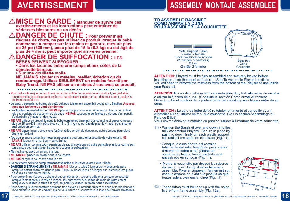 Avertissement, Assembly montaje assemblee, Mise en garde | Danger de chute, Danger de suffocation | BabyTrend PY81400 - NURSERY CENTER - COLUMBIA User Manual | Page 10 / 16
