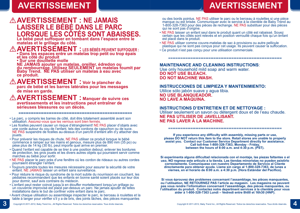 Avertissement | BabyTrend PY81400 - NURSERY CENTER - COLUMBIA User Manual | Page 3 / 16