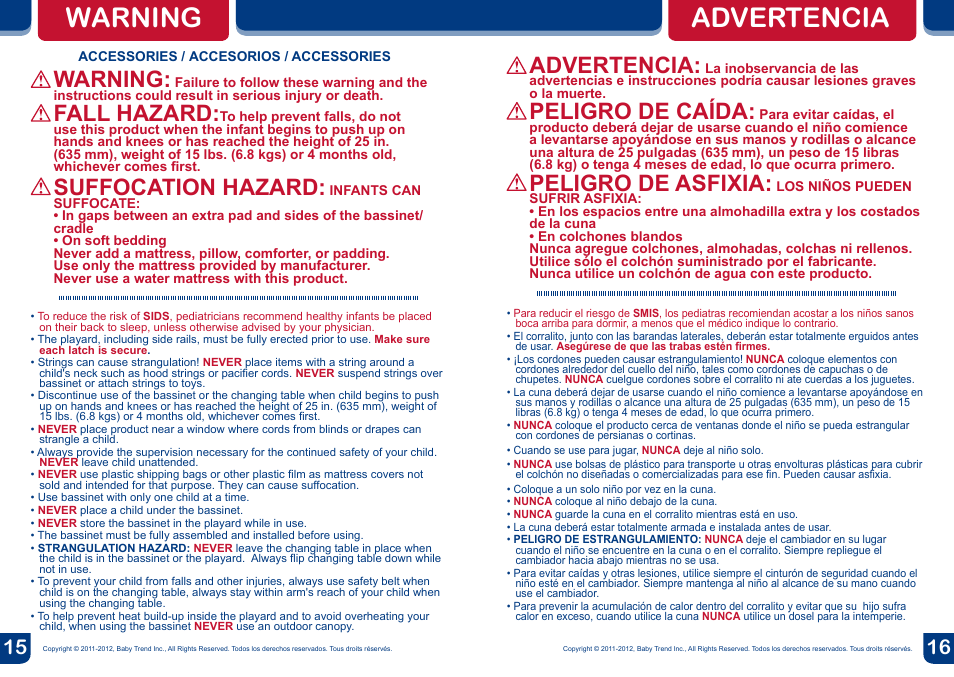 Warning advertencia, Advertencia, Peligro de caída | Peligro de asfixia, Warning, Fall hazard, Suffocation hazard | BabyTrend PY81400 - NURSERY CENTER - COLUMBIA User Manual | Page 9 / 16