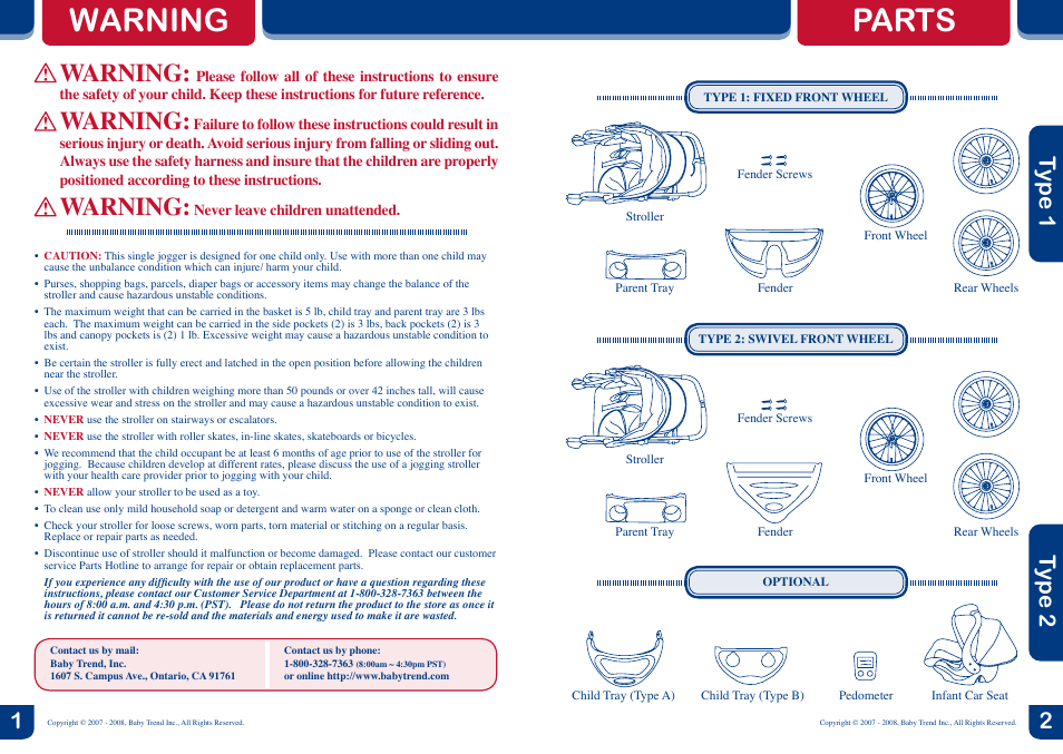 Warning, Parts, Type 1 t ype 2 | BabyTrend 9185 - EXPEDITION LX - JET User Manual | Page 2 / 8
