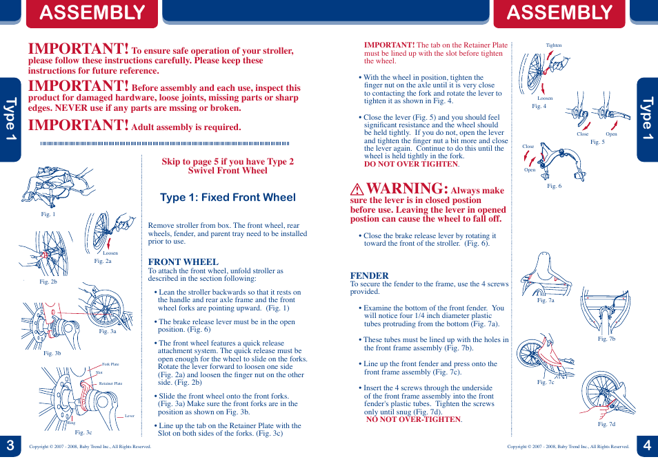 Assembly, Important, Warning | Type 1 | BabyTrend 9185 - EXPEDITION LX - JET User Manual | Page 3 / 8