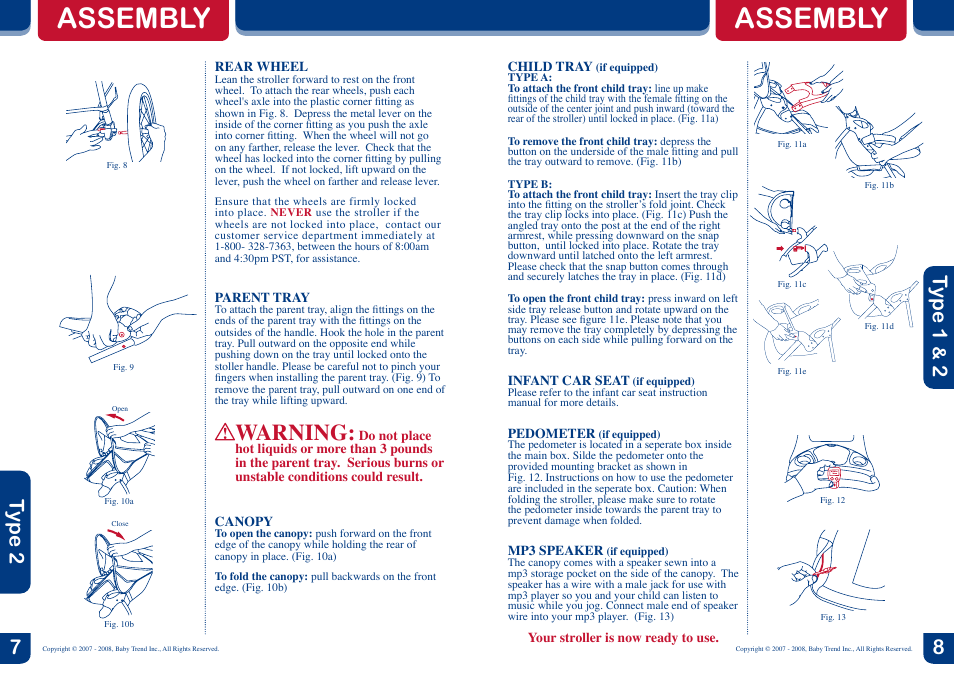 Assembly, Warning, Type 1 | Type 2 | BabyTrend 9185 - EXPEDITION LX - JET User Manual | Page 5 / 8