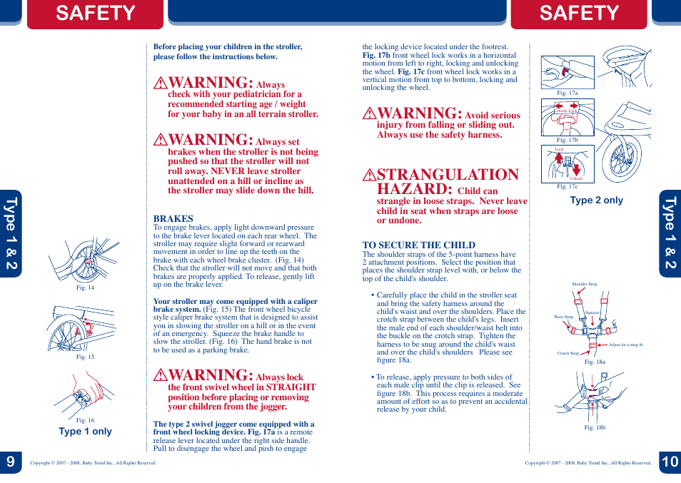 Safety, Warning, Strangulation hazard | Type 1, 2t ype 1 | BabyTrend 9185 - EXPEDITION LX - JET User Manual | Page 6 / 8
