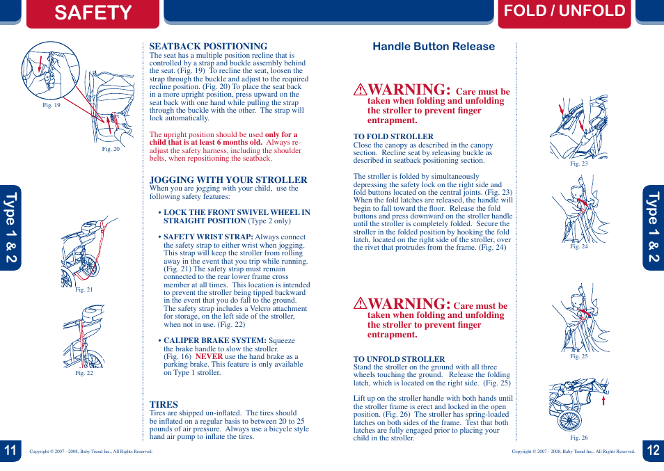 Safety, Fold / unfold, Warning | Type 1, 2t ype 1 | BabyTrend 9185 - EXPEDITION LX - JET User Manual | Page 7 / 8
