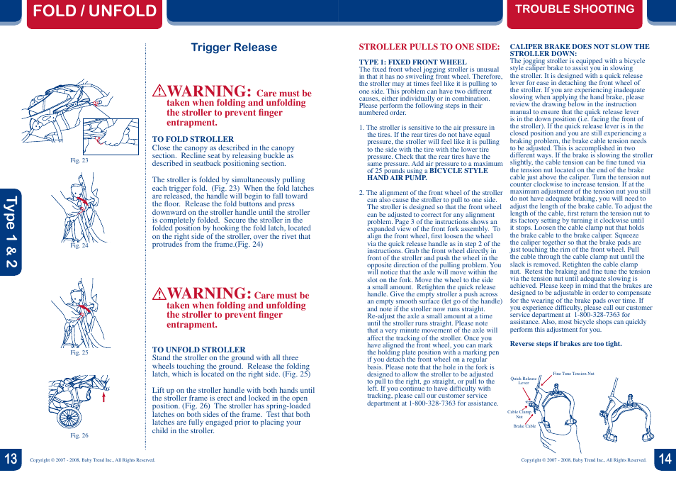 Fold / unfold, Warning, Type 1 | Trouble shooting, Trigger release | BabyTrend 9185 - EXPEDITION LX - JET User Manual | Page 8 / 8