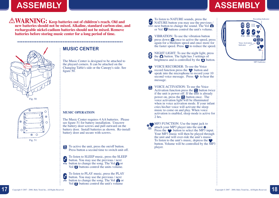Assembly, Warning, Music center | BabyTrend 8263BCC - DELUXE NURSERY CENTER - ZANZIBAR User Manual | Page 10 / 10