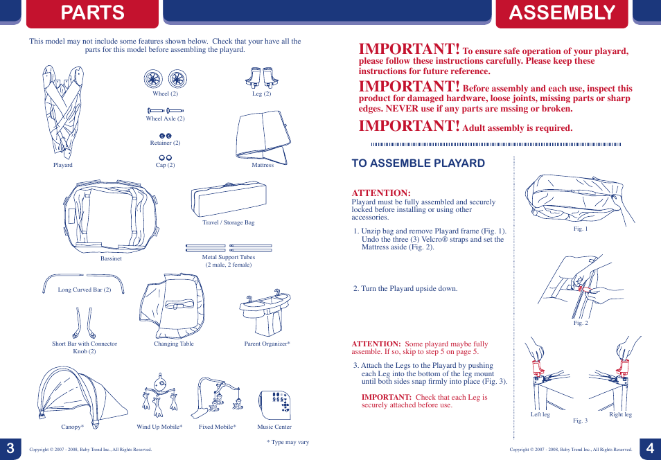 Parts, Assembly, Important | BabyTrend 8263BCC - DELUXE NURSERY CENTER - ZANZIBAR User Manual | Page 3 / 10
