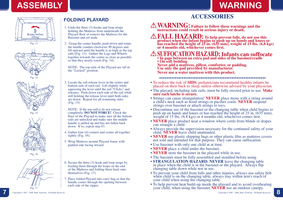 Assembly warning, Warning, Fall hazard | Suffocation hazard, Accessories, Infants can suffocate | BabyTrend 8263BCC - DELUXE NURSERY CENTER - ZANZIBAR User Manual | Page 5 / 10