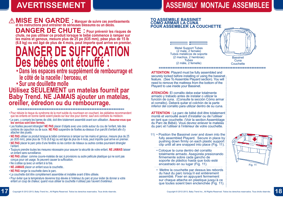 Danger de suffocation des bébés ont étouffé, Avertissement, Assembly montaje assemblee | Mise en garde, Danger de chute | BabyTrend PY81954 - NURSERY CENTER - SAVANNAH User Manual | Page 10 / 14