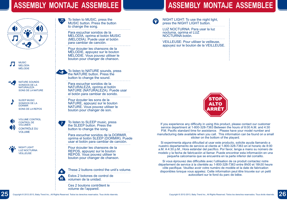 Assembly montaje assemblee, Stop arrêt alto, Stop alto arrêt | BabyTrend PY81954 - NURSERY CENTER - SAVANNAH User Manual | Page 14 / 14