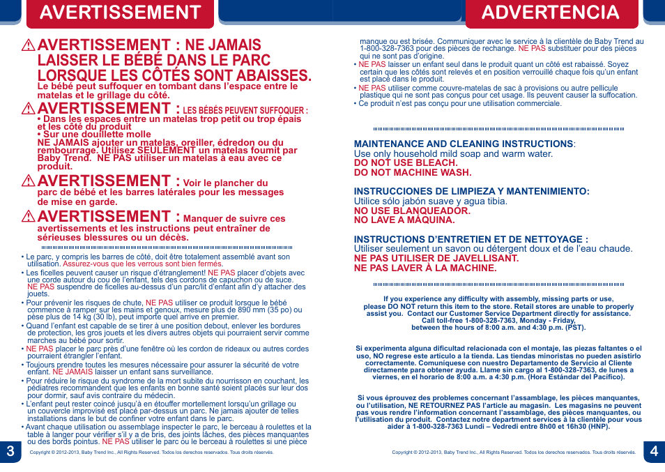Advertencia avertissement, Avertissement | BabyTrend PY81954 - NURSERY CENTER - SAVANNAH User Manual | Page 3 / 14