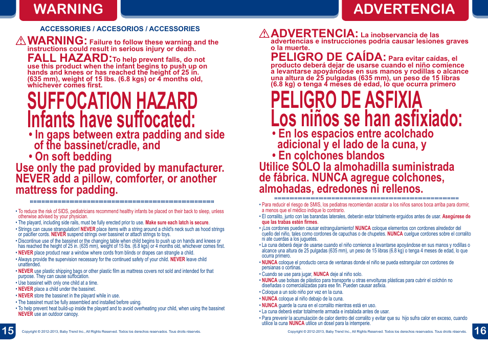 Peligro de asfixia los niños se han asfixiado, Suffocation hazard infants have suffocated, Warning advertencia | Advertencia, Peligro de caída, Warning, Fall hazard | BabyTrend PY81954 - NURSERY CENTER - SAVANNAH User Manual | Page 9 / 14