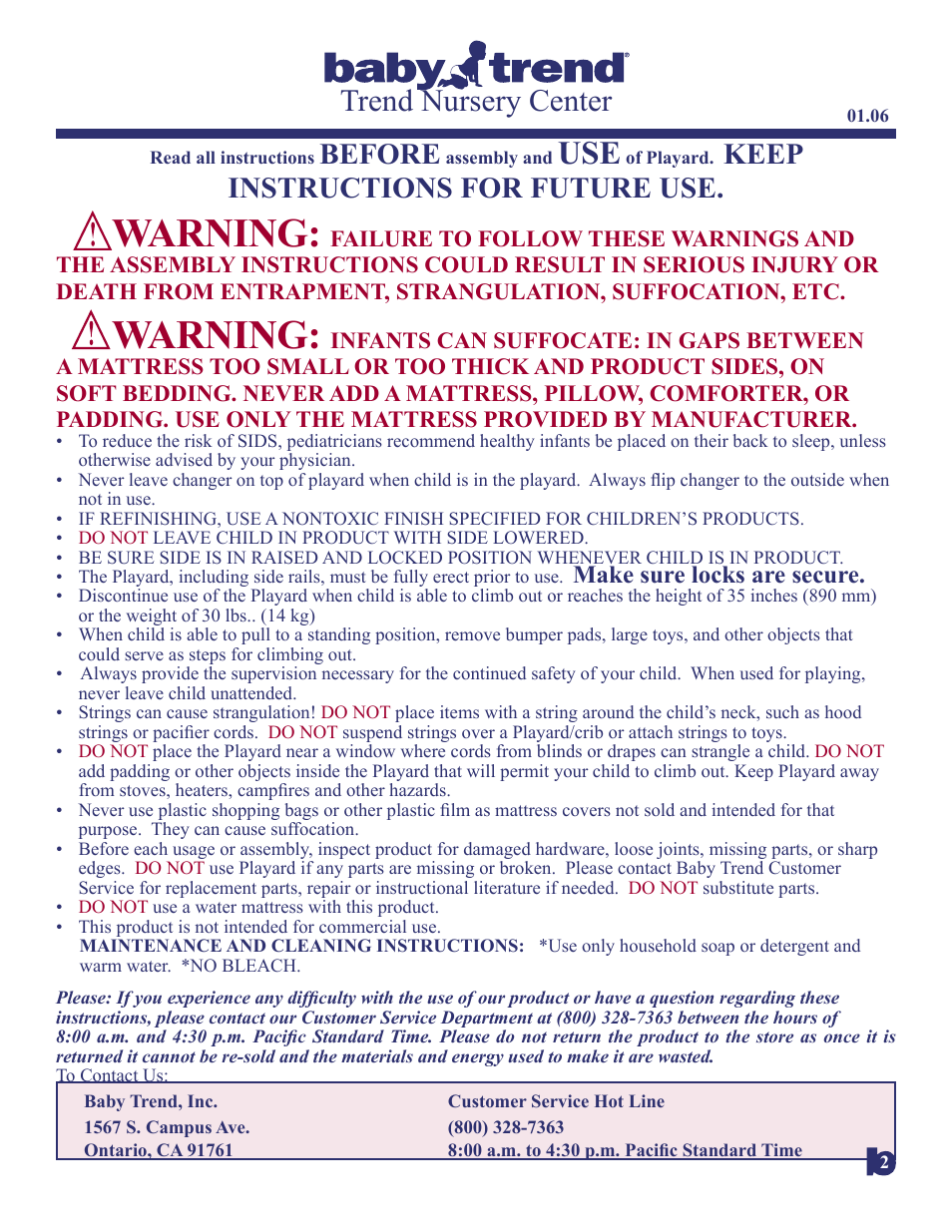 Warning, Trend nursery center, Before | Keep instructions for future use, Make sure locks are secure | BabyTrend 8206BCC - MALAWI DELUXE NURSERY CENTER User Manual | Page 2 / 11