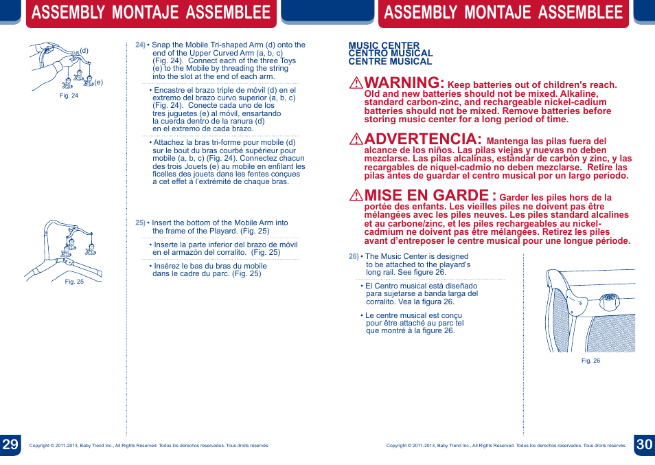 Assembly montaje assemblee, Warning, Advertencia | Mise en garde | BabyTrend PY81092 - NURSERY CENTER - SUPERNOVA User Manual | Page 16 / 18