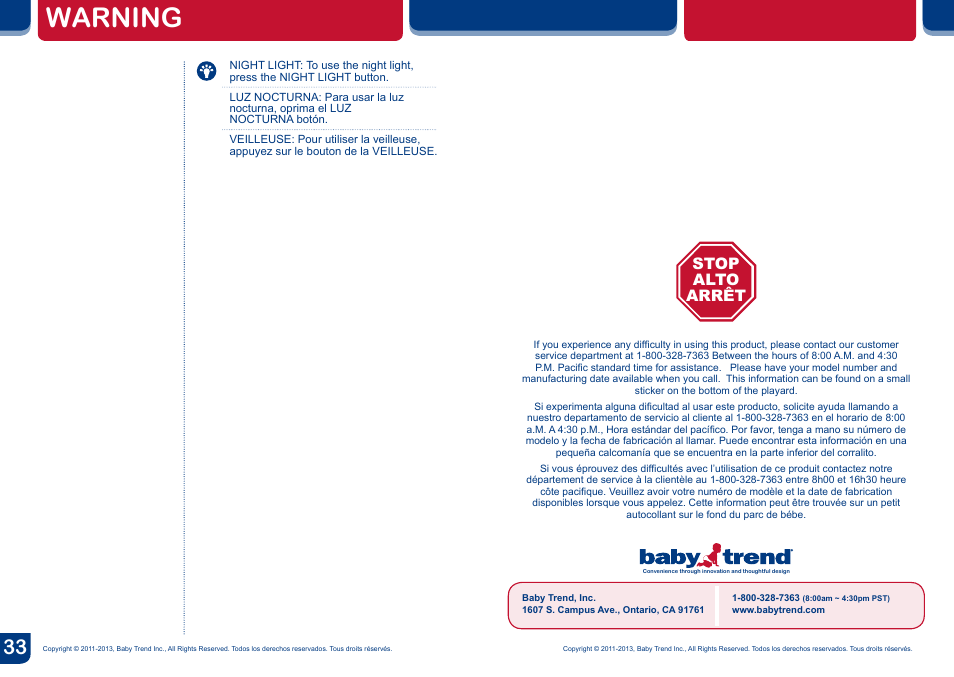 Warning, Stop alto arrêt | BabyTrend PY81092 - NURSERY CENTER - SUPERNOVA User Manual | Page 18 / 18