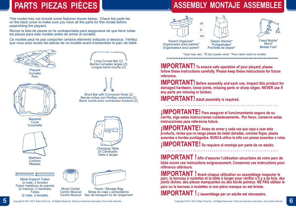 Parts piezas pièces, Assembly montaje assemblee, Important | Importante | BabyTrend PY81092 - NURSERY CENTER - SUPERNOVA User Manual | Page 4 / 18