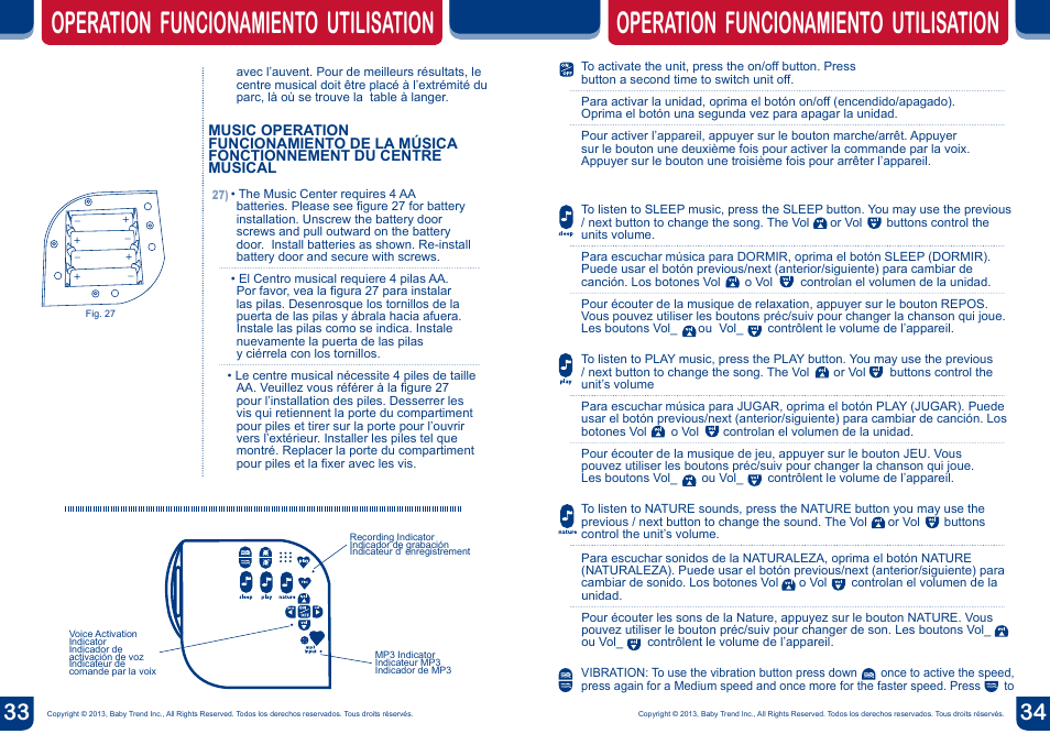 Operation funcionamiento utilisation | BabyTrend PY85834 - SERENE NURSERY CENTER - JUNGLE SAFARI User Manual | Page 18 / 20