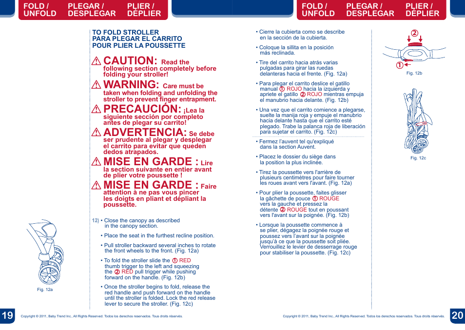 Caution, Warning, Precaución | Advertencia, Mise en garde | BabyTrend TS24957 - VENTURE BC TRAVEL SYSTEM - JUNGLE FRIENDS User Manual | Page 11 / 12