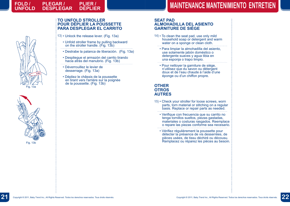 Maintenance mantenimiento entretien | BabyTrend TS24957 - VENTURE BC TRAVEL SYSTEM - JUNGLE FRIENDS User Manual | Page 12 / 12