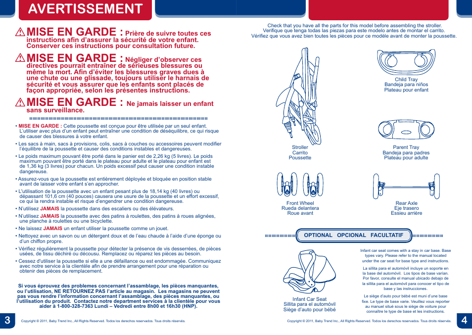 Avertissement, Mise en garde | BabyTrend TS24957 - VENTURE BC TRAVEL SYSTEM - JUNGLE FRIENDS User Manual | Page 3 / 12