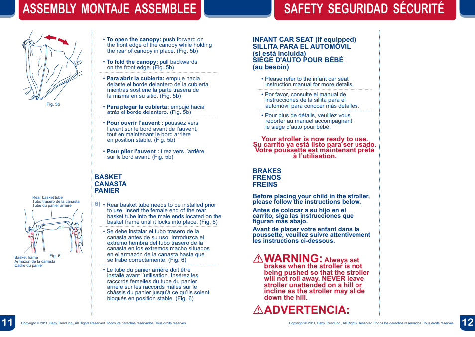 Warning, Advertencia | BabyTrend TS24957 - VENTURE BC TRAVEL SYSTEM - JUNGLE FRIENDS User Manual | Page 7 / 12