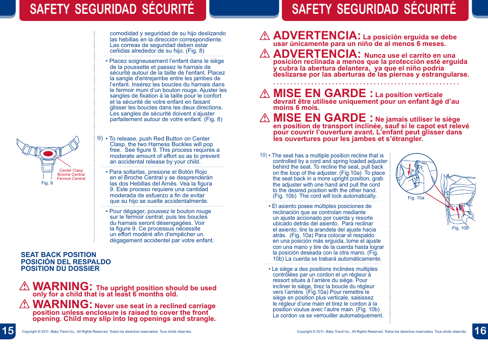 Safety seguridad sécurité, Warning, Advertencia | Mise en garde | BabyTrend TS24957 - VENTURE BC TRAVEL SYSTEM - JUNGLE FRIENDS User Manual | Page 9 / 12