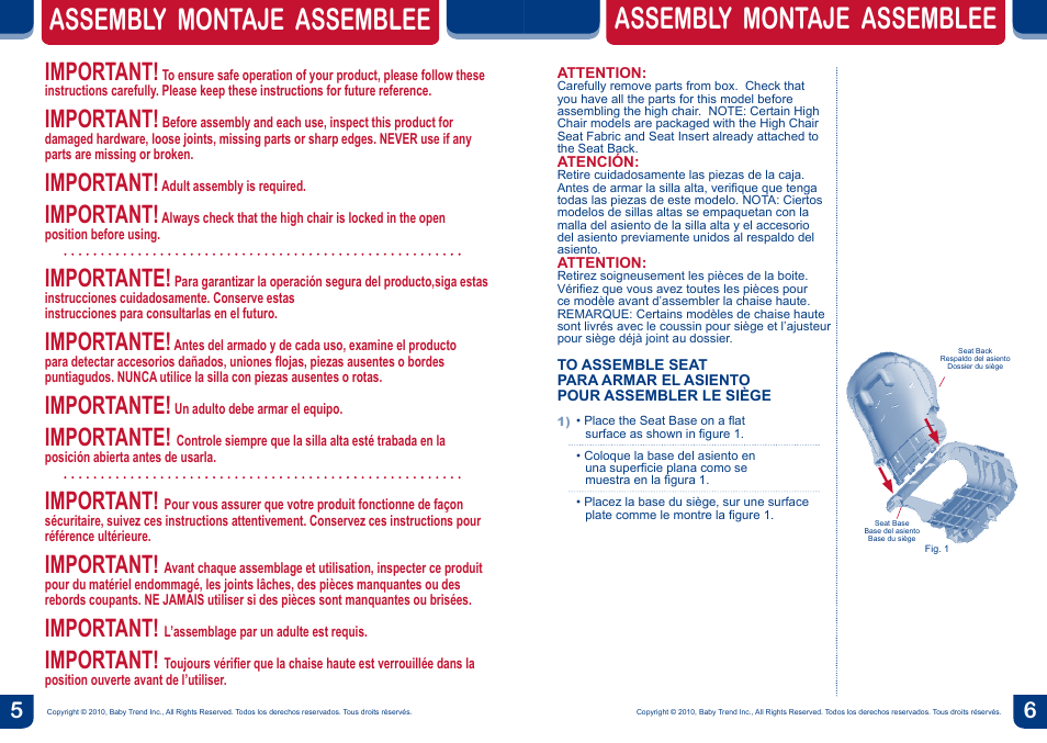 Assembly montaje assemblee, Important, Importante | BabyTrend HC01991 - TREND HIGH CHAIR - WISTERIA LANE User Manual | Page 4 / 14