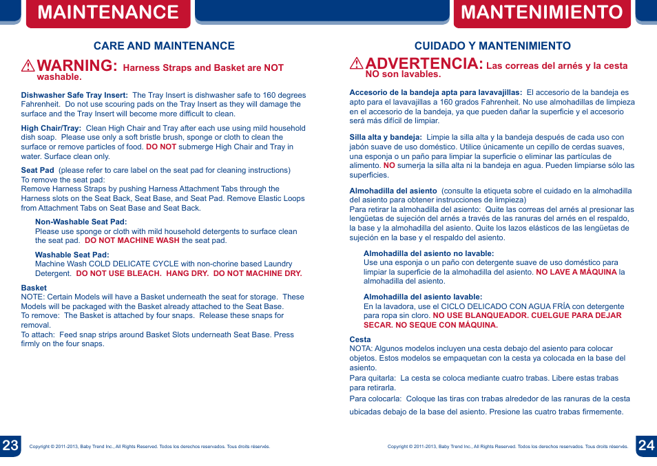 Mantenimiento maintenance, Warning, Advertencia | BabyTrend HC04805 - TREND HIGH CHAIR - EMORY User Manual | Page 13 / 14