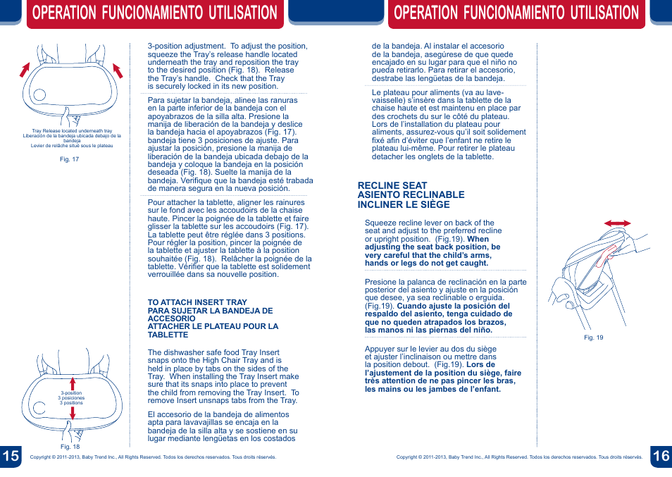 Operation funcionamiento utilisation | BabyTrend HC04805 - TREND HIGH CHAIR - EMORY User Manual | Page 9 / 14