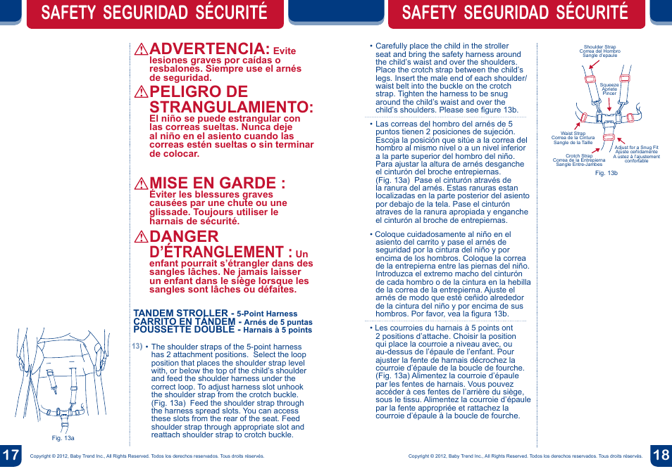 Safety seguridad sécurité, Advertencia, Peligro de strangulamiento | Mise en garde, Danger d’étranglement | BabyTrend SS76950 - SIT N' STAND DOUBLE STROLLER - METROPOLITAN User Manual | Page 10 / 18