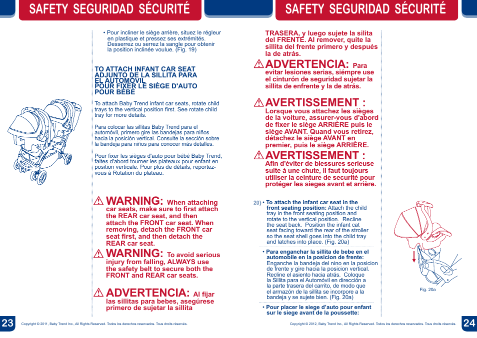 Warning, Safety seguridad sécurité, Advertencia | Avertissement | BabyTrend SS76950 - SIT N' STAND DOUBLE STROLLER - METROPOLITAN User Manual | Page 13 / 18