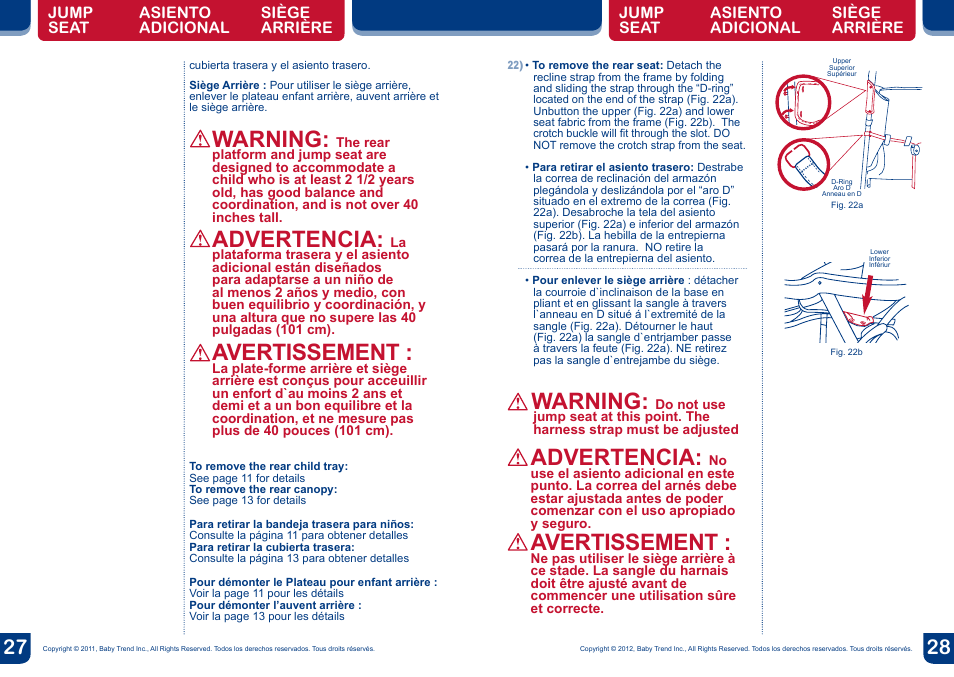 Warning, Advertencia, Avertissement | BabyTrend SS76950 - SIT N' STAND DOUBLE STROLLER - METROPOLITAN User Manual | Page 15 / 18
