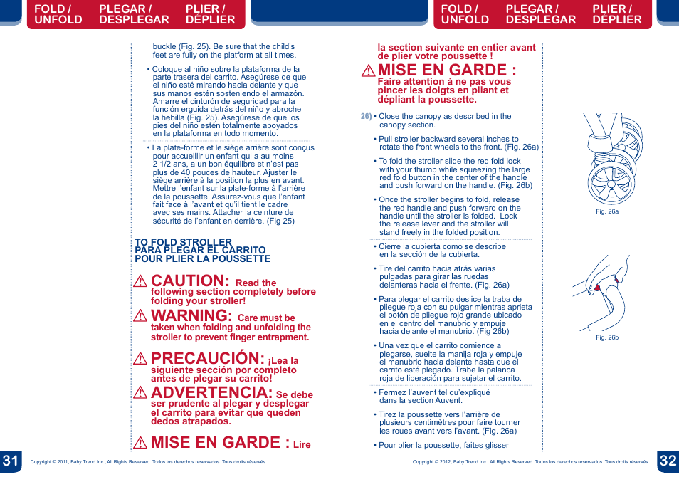Warning, Mise en garde, Caution | Precaución, Advertencia | BabyTrend SS76950 - SIT N' STAND DOUBLE STROLLER - METROPOLITAN User Manual | Page 17 / 18