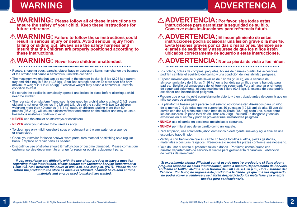 Warning, Advertencia | BabyTrend SS76950 - SIT N' STAND DOUBLE STROLLER - METROPOLITAN User Manual | Page 2 / 18