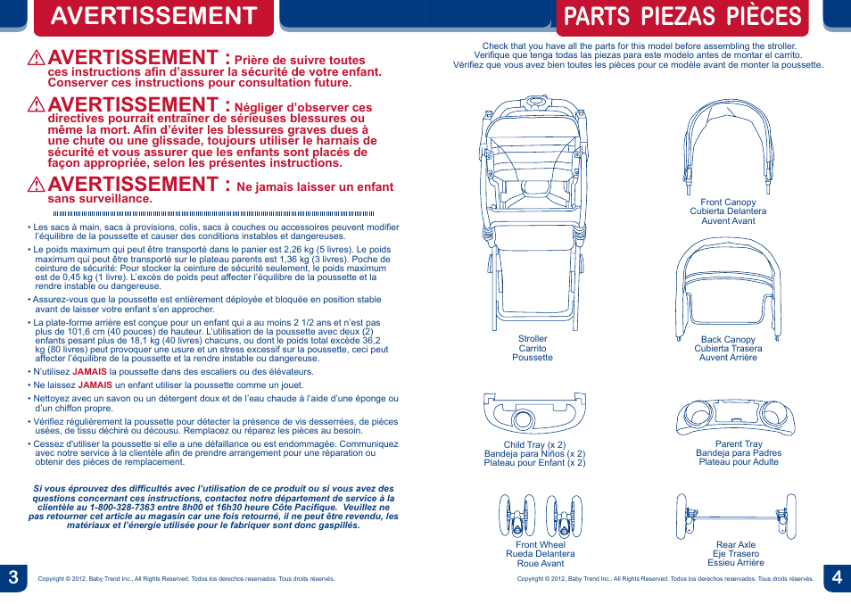 Parts piezas pièces, Avertissement | BabyTrend SS76950 - SIT N' STAND DOUBLE STROLLER - METROPOLITAN User Manual | Page 3 / 18