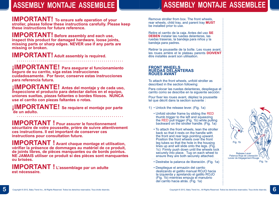 Assembly montaje assemblee, Important, Importante | BabyTrend SS76950 - SIT N' STAND DOUBLE STROLLER - METROPOLITAN User Manual | Page 4 / 18
