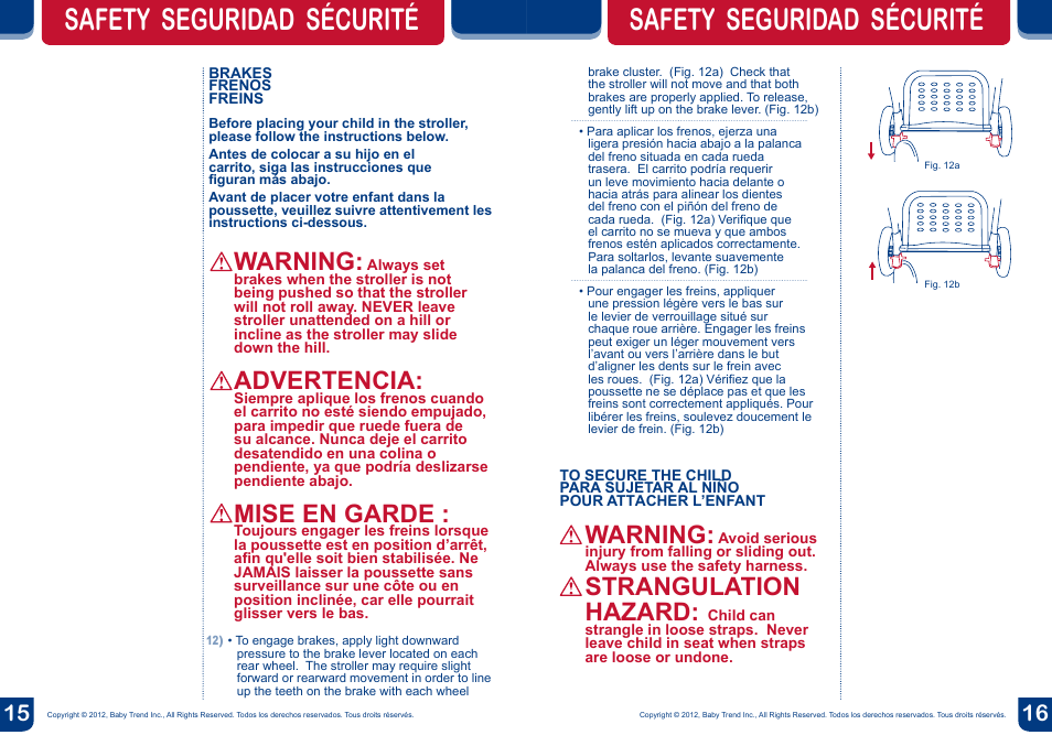 Safety seguridad sécurité, Warning, Advertencia | Mise en garde, Strangulation hazard | BabyTrend SS76950 - SIT N' STAND DOUBLE STROLLER - METROPOLITAN User Manual | Page 9 / 18