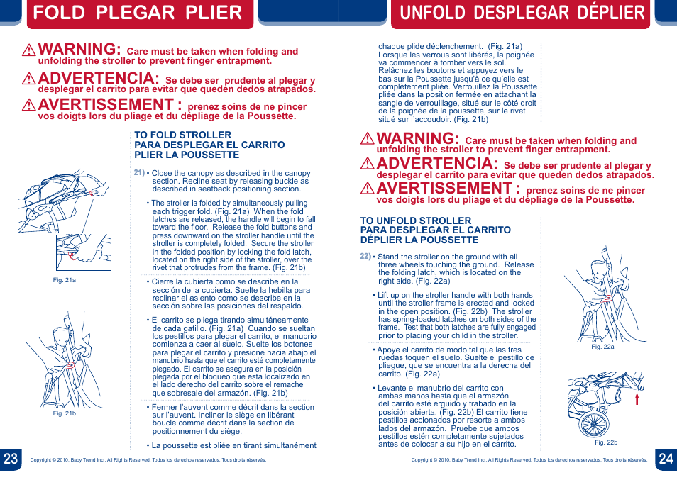 Unfold desplegar déplier fold plegar plier, Warning, Advertencia | Avertissement | BabyTrend JG89732 - SUNSPORT LIFESTYLE STROLLER User Manual | Page 13 / 14