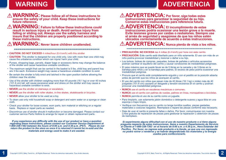 Warning, Advertencia | BabyTrend JG89732 - SUNSPORT LIFESTYLE STROLLER User Manual | Page 2 / 14