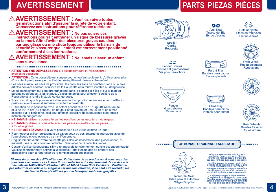 Parts piezas pièces, Avertissement | BabyTrend JG89732 - SUNSPORT LIFESTYLE STROLLER User Manual | Page 3 / 14