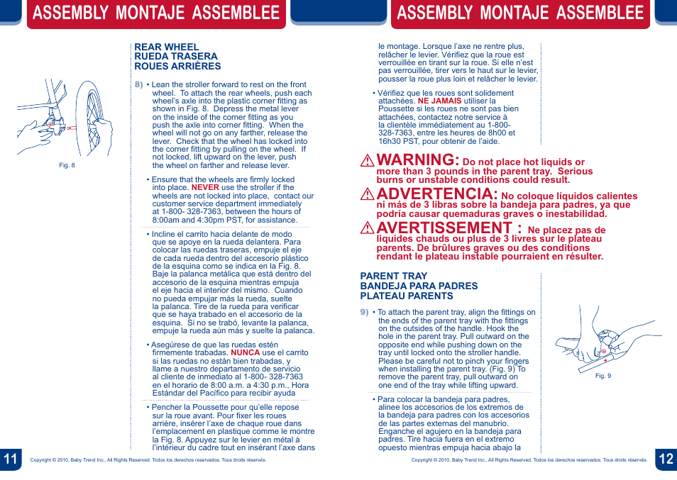 Assembly montaje assemblee, Warning, Advertencia | Avertissement | BabyTrend JG89732 - SUNSPORT LIFESTYLE STROLLER User Manual | Page 7 / 14