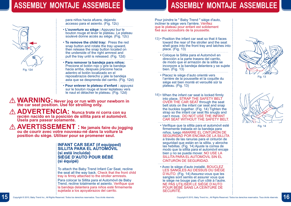 Assembly montaje assemblee, Warning, Advertencia | Avertissement | BabyTrend JG89732 - SUNSPORT LIFESTYLE STROLLER User Manual | Page 9 / 14