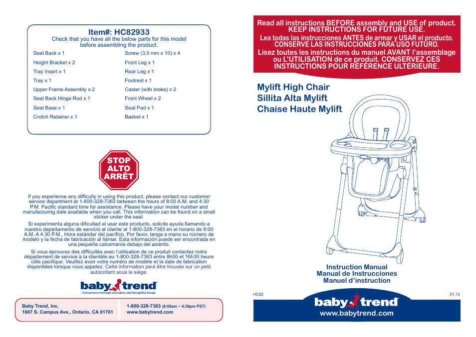 BabyTrend HC82933 - MYLIFT HIGH CHAIR - MOD BUG User Manual | 14 pages