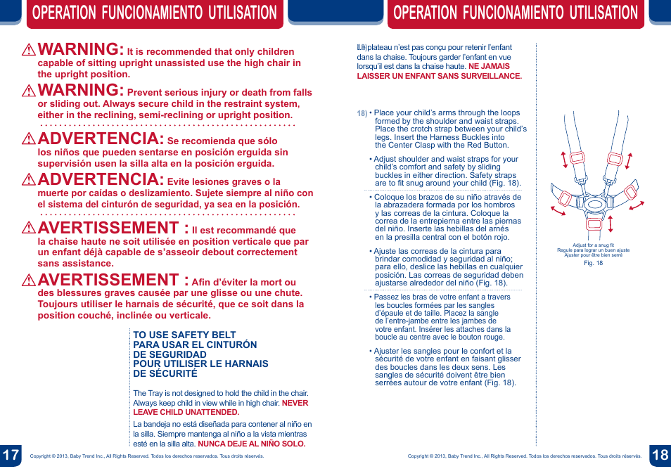 Operation funcionamiento utilisation, Warning, Advertencia | Avertissement | BabyTrend HC82933 - MYLIFT HIGH CHAIR - MOD BUG User Manual | Page 10 / 14