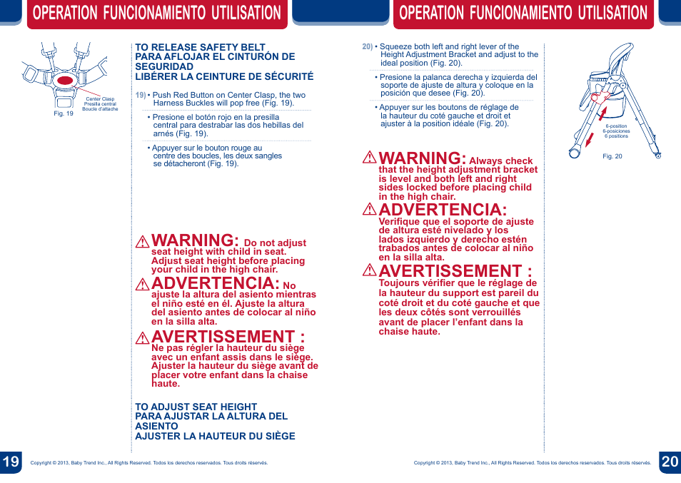 Operation funcionamiento utilisation, Warning, Advertencia | Avertissement | BabyTrend HC82933 - MYLIFT HIGH CHAIR - MOD BUG User Manual | Page 11 / 14