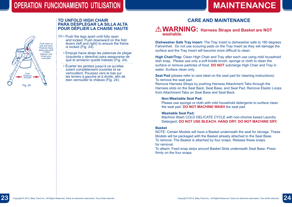 Maintenance, Operation funcionamiento utilisation, Warning | Care and maintenance | BabyTrend HC82933 - MYLIFT HIGH CHAIR - MOD BUG User Manual | Page 13 / 14