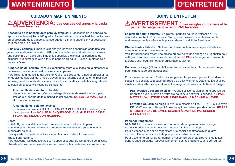 D’entretien mantenimiento, Avertissement, Advertencia | BabyTrend HC82933 - MYLIFT HIGH CHAIR - MOD BUG User Manual | Page 14 / 14
